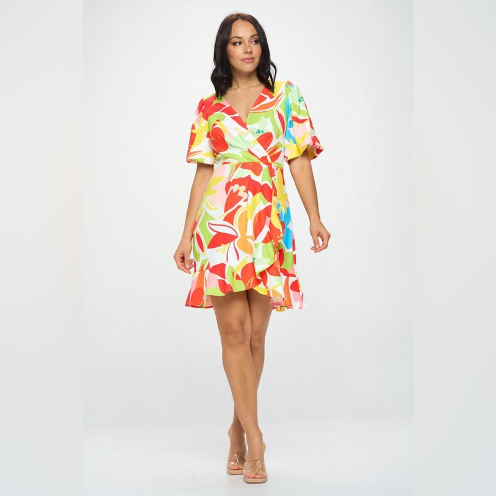 Vibrant Multi-Color Wrap Mini Dress with Ruffle Hem - Picture 3 of 5